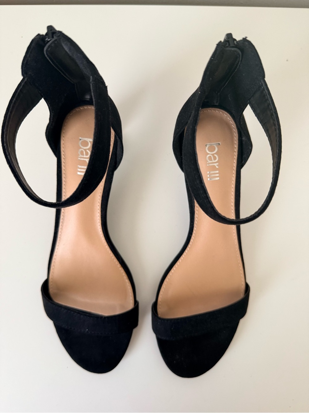 Bar III Black Suede Ankle Strap Heels Size 7M Clear Bubble Ball Heel Zip Open